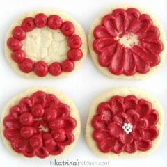 four cookies with red frosting showing steps to make easy flower cookies