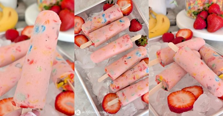 A three-panel collage showcasing fruity yogurt breakfast popsicles with rainbow cereal, served on crushed ice alongside fresh sliced strawberries, banana slices, and a jar of sprinkles.