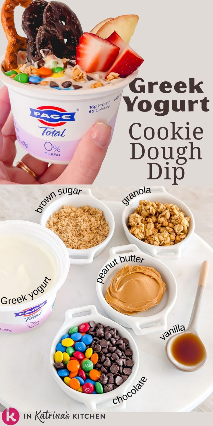 Vertical collage featuring a hand holding a single-serve container of FAGE Total 0% Greek yogurt topped with Monster Cookie Dough dip, M&Ms, chocolate chips, pretzels, strawberries, and a cookie, above a top-down view of ingredients labeled brown sugar, granola, peanut butter, Greek yogurt, vanilla, and chocolate.